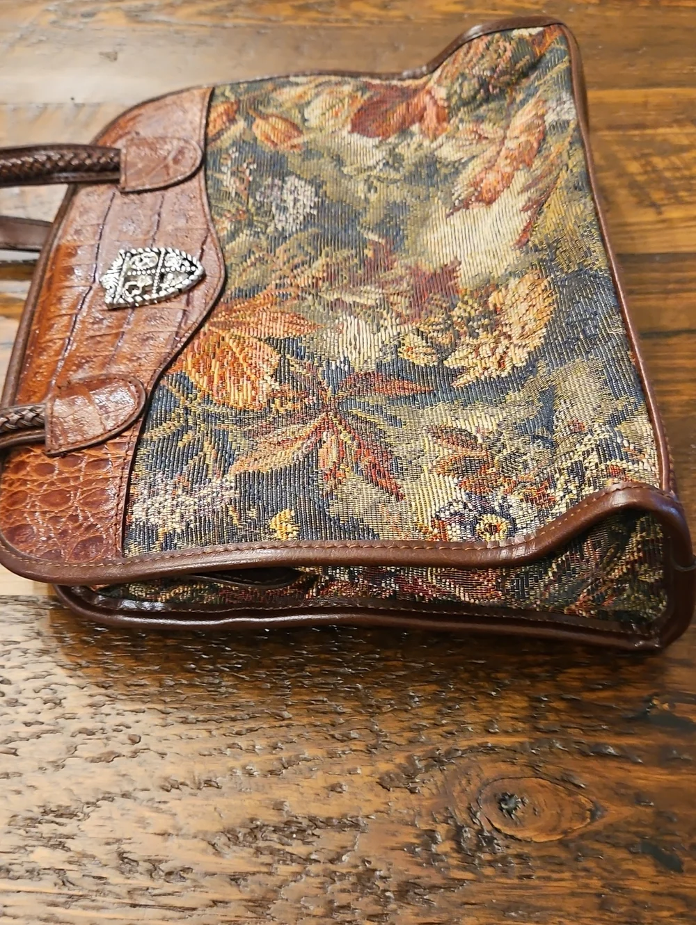 Vintage Marc Chantal Brown Floral Tapestry Shoulder Bag with Leather Trim